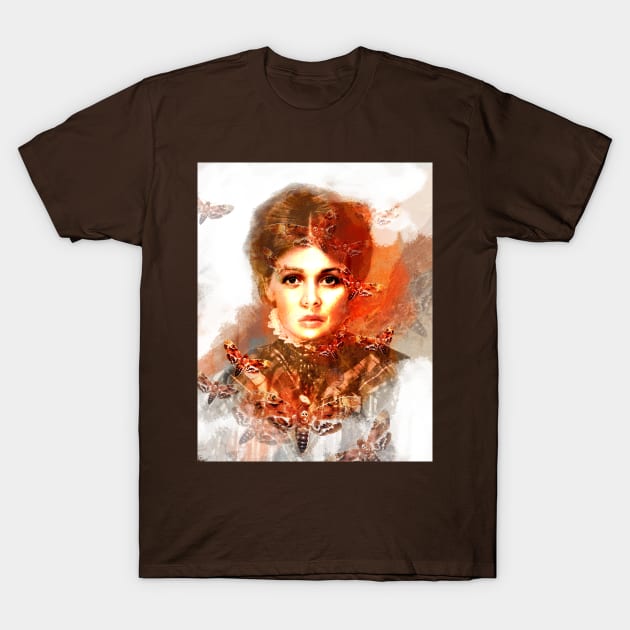 Mr. Ash's Studio enigmatic beautiful woman with scarlet hawkmoths deathshead moths T-Shirt by sandpaperdaisy